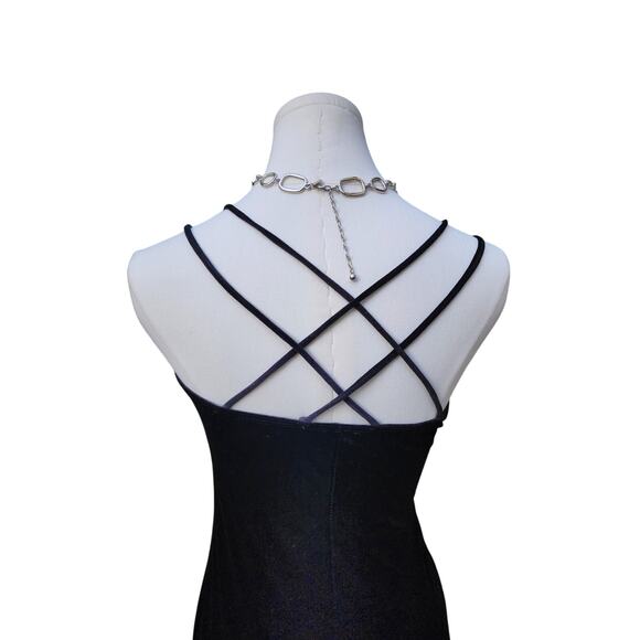 Vtg 90s Pia Black Velvet Formal Long Side Slit Vampy Whimsi Goth Applique Dress - Picture 5 of 8